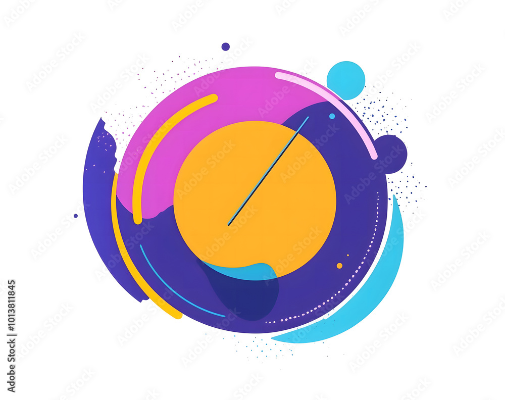 Poster vector illustration of a purple circle with a yellow line and blue shapes on a white background desi