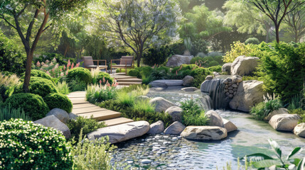 A meditation garden designed with flowing water, simple greenery, and peaceful seating areas for therapeutic healing
