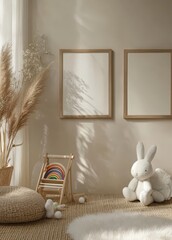 A playful children's space featuring a large stuffed rabbit, small chair with rainbow toy, and natural light creating a cozy atmosphere.