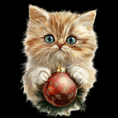 kitten with a Christmas ball, clipart on transparent background