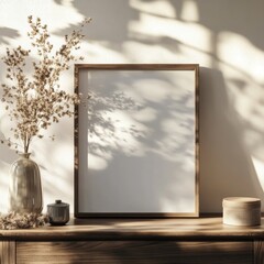 A simple yet elegant scene with a wooden frame and a vase of dried flowers casting intricate shadows in natural light on a table.