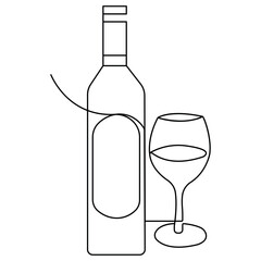 Wine bottle and wine glass icon continuous one line drawing outline vector illustration