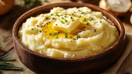 large bowl of creamy mashed potatoes topped with a pat of melting butter and a sprinkle of chives.