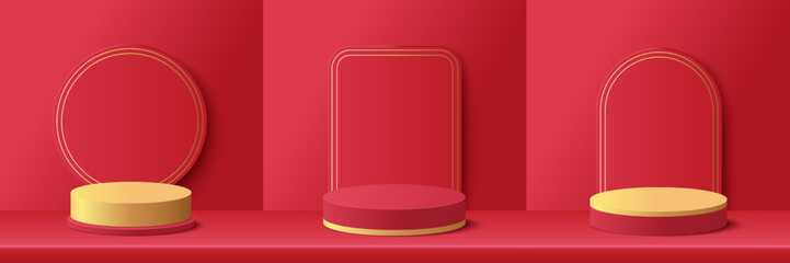 Set of red and gold podium for product display presentation with circle square and oval shape on red background. Vector illustration
