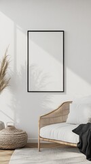 A modern, airy room featuring a wicker chair and basket with light streaming in, creating a tranquil ambiance.