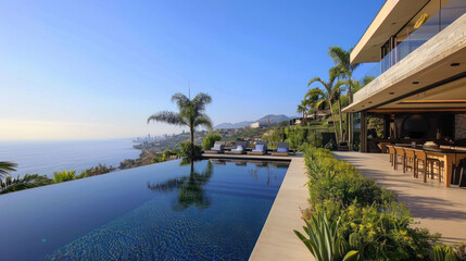 Fototapeta premium A modern luxury estate landscape with infinity pools, minimalist garden design, and panoramic views
