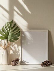 A minimalist setting features a blank framed poster, tropical leaf, and pinecones, creating natural elegance.