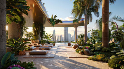 A modern luxury hotel landscape with sleek outdoor lounges, exotic plants, and infinity pools overlooking the skyline