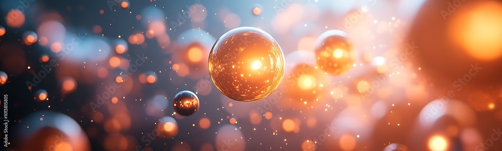 Poster a vibrant abstract representation of illuminated spheres, symbolizing particles or molecules in a dy