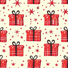 Seamless pattern with red Christmas presents and gold and red stars on white, using simple shapes to create a cheerful holiday design.