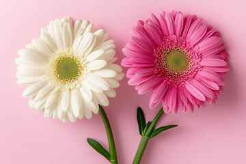 Pink and white gerbera daisies on a pink background with copy space.