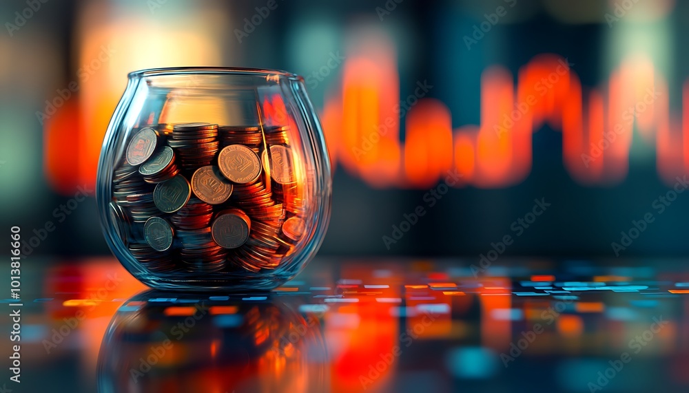 Poster A glass jar filled with coins sits on a reflective surface, illuminated by colorful lights, suggesting themes of finance and saving.