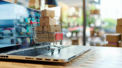 Modern retail experience: portrayal shopping trolley paired laptop, representing shift towards online shopping, highlighting technological advancements, transformation of traditional consumer habits. - Powered by Adobe