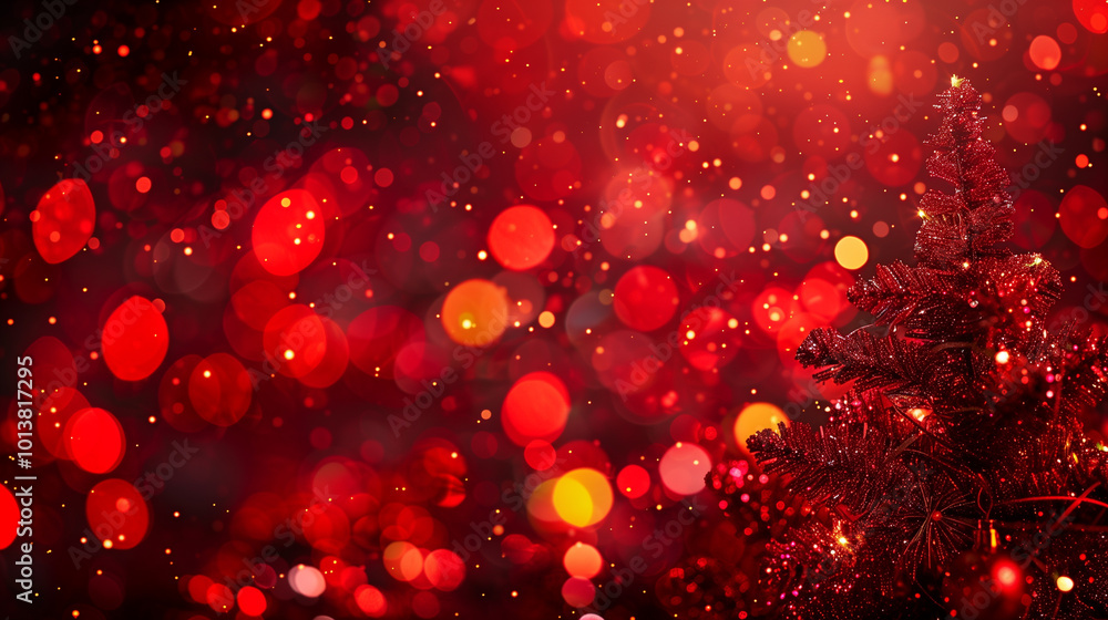 Poster red background with christmas tree and glowing bokeh lights perfect for a holiday card space for tex