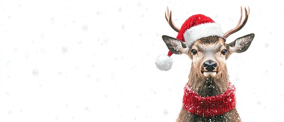 A festive reindeer wearing a Santa hat and a red scarf, surrounded by falling snow, perfect for holiday themed designs.