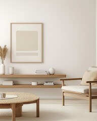 A minimal seating area with a wooden shelf showcasing neutral decor, beige artwork, and a comfortable chair in a serene environment.