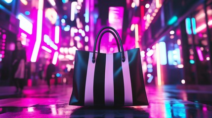 A black and white striped tote bag with leather handles sits in the middle of a street, bathed in pink and blue neon light.