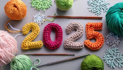 Colorful crochet numbers forming 2025 with yarn and knitting needles.