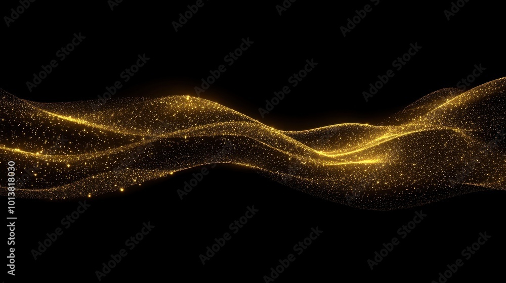 Poster glittering gold particles form a wave on a deep black background, creating a luxurious and dynamic v