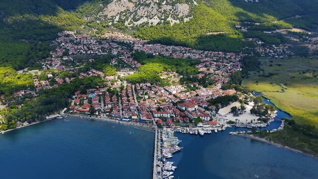 Akyaka District in Ula, Mugla, Turkey. Aerial view of Akyaka. Akyaka is situated at the Gulf of Gokova. Beautiful Beach and Coast View.