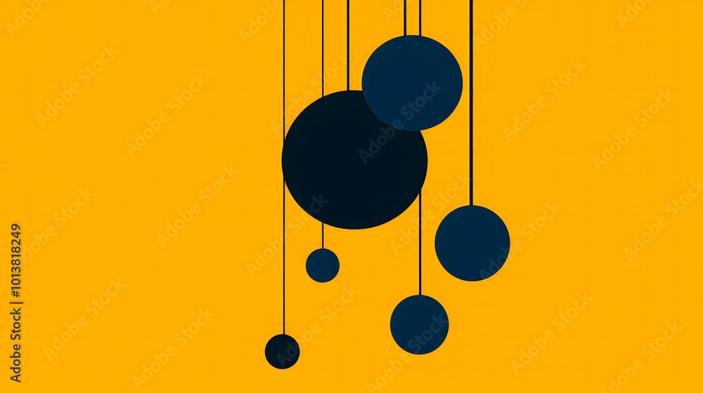 Poster vector poster with simple shapes dark blue circles on a yellow background design, with three spheres