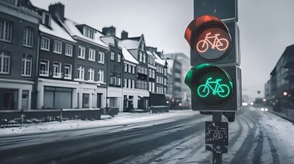 Green Light for Cyclists in Snowy City Street