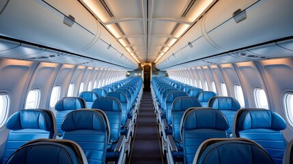 Airplane Cabin Interior Blue Seats Flight Travel Economy Class
