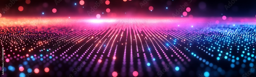 Poster a vibrant, abstract landscape of glowing dots and colorful gradients, creating a futuristic digital 