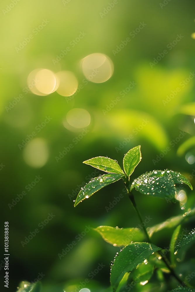 Wall mural Close up of dew drops on green leaves with bokeh background, natural abstract photography