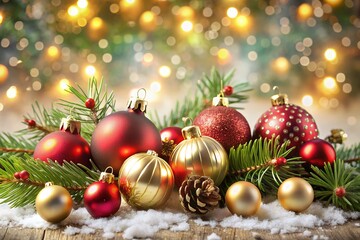 Christmas background. Xmas ornaments Glass ball with snow inside. Christmas tree decorations transparent ball hanging on golden ribbon, gold glitter confetti. Realistic