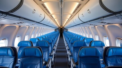 Fototapeta premium Airplane Cabin Interior with Blue Seats and Overhead Compartments