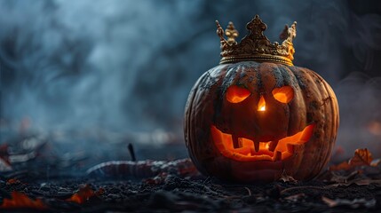 Scary pumpkin king jack o lantern with golden vintage crown on abandoned smoky background, concept of Halloween party, event
