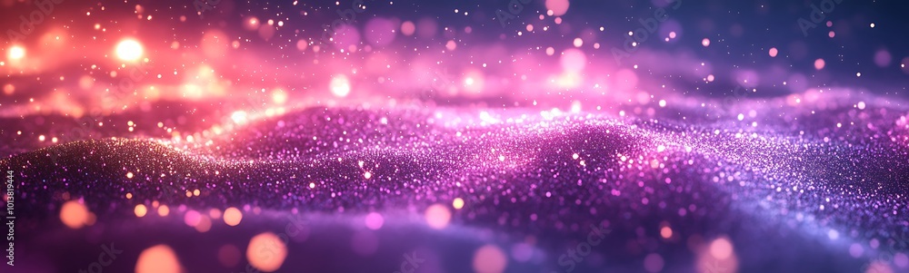 Poster a vibrant, abstract visualization of shimmering particles in shades of purple and pink against a dar