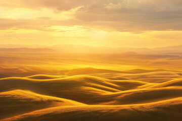 A panoramic view of rolling hills under a golden sunset, perfectly capturing the harmony between land and sky