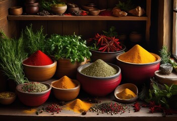 Fototapeta premium colorful vibrant spices herbs artfully arranged kitchen counter creating feast eyes, cumin, coriander, basil, parsley, rosemary, thyme, paprika
