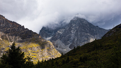 Beautiful mountain in cloudy day at Siguniangshan National Park in Sichuan Province, China.