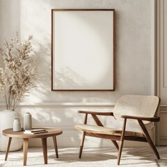 Modern minimalist interior with sleek wood furniture, a blank framed canvas, and dried plants embracing natural tones.