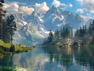 A peaceful mountain lake reflecting towering peaks in the distance, nestled in a national park's wilderness
