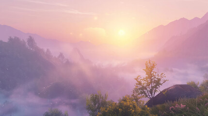 Fototapeta premium A peaceful mountain landscape at sunrise, with soft light creating a serene and spiritual atmosphere