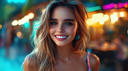 Woman in a red sweater smiling while admiring glowing lights, evoking warmth and joy.