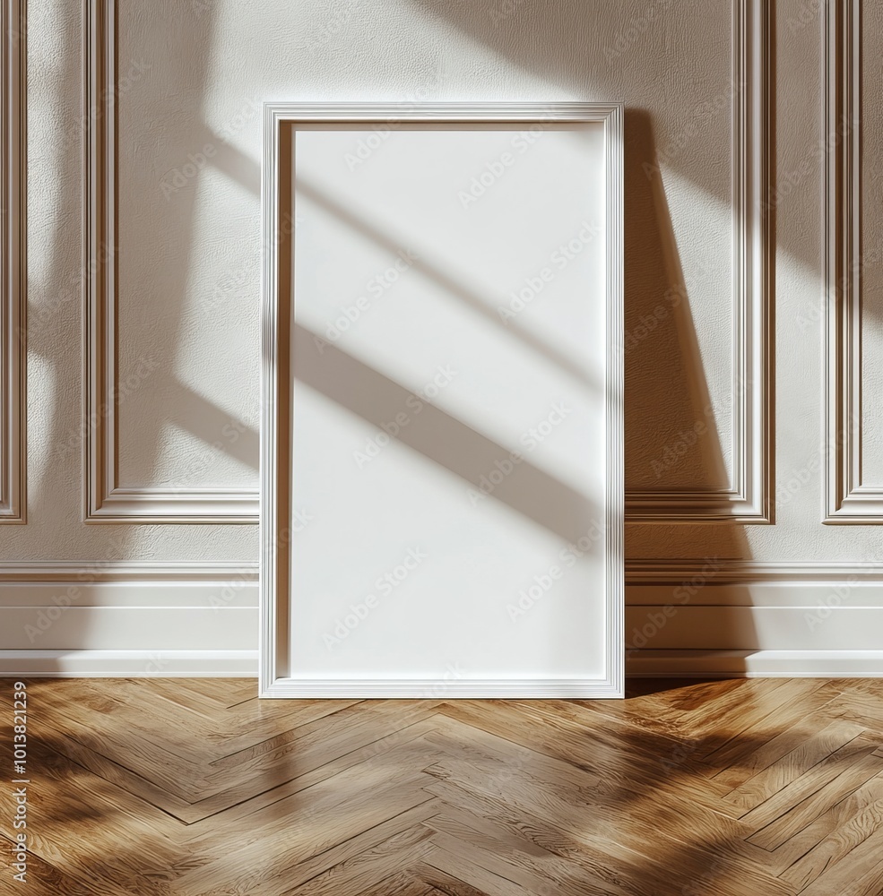 Poster A minimalistic white frame rests against a textured wall, bathed in soft natural light, creating a simple yet elegant display.