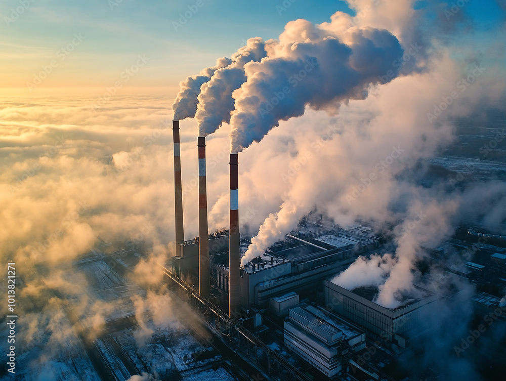 Wall mural aerial photography of a power plant, large chimneys with smoke billowing out from the top.