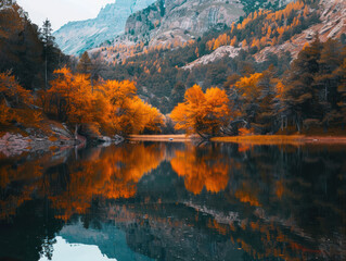 Fototapeta premium A peaceful mountain valley with trees in full autumn colors, reflecting in a calm lake