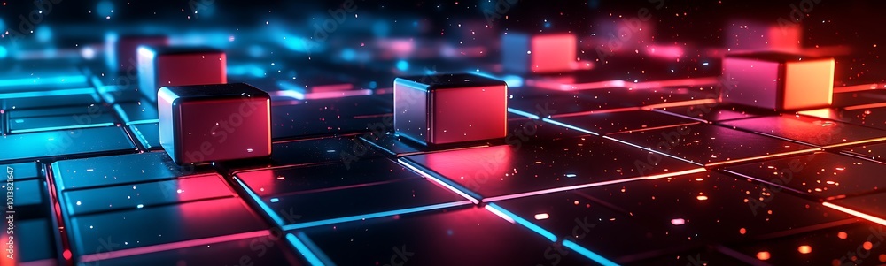 Poster A vibrant, futuristic scene showcasing illuminated cubes on a grid, reflecting a digital, high-tech environment.