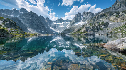 Obraz premium A pristine alpine lake with towering snow-capped mountains reflected in the water, untouched by human presence