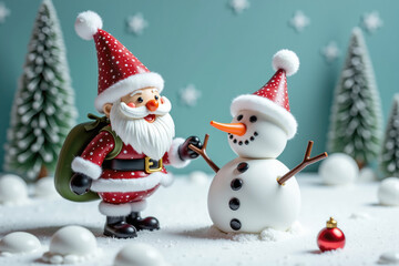 Santa claus holding a green bag and shaking hands with a snowman