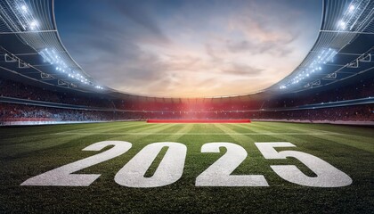 "2025" painted on stadium field with sunset, symbolizing competition.