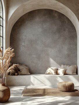 A charming nook with arches features comfy pillows, textured walls, and abundant natural light, offering tranquility and modern style.