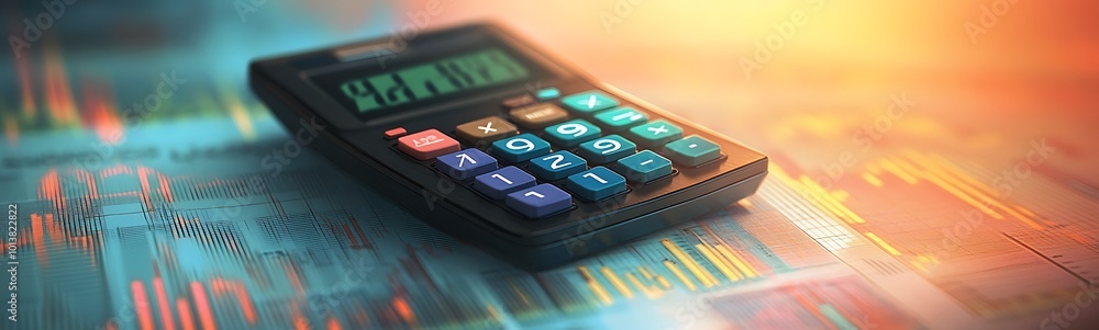 Fototapete a calculator rests on a vibrant background of financial graphs, symbolizing calculations and analyti