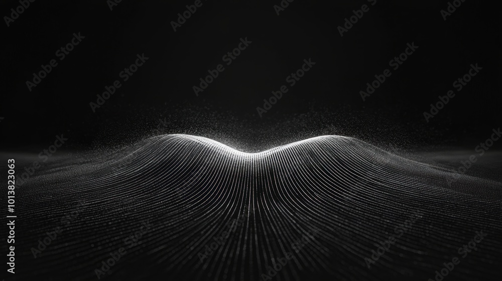 Poster Harmonic sound wave visualized with a dark minimalist aesthetic, surrounded by a subtle circular particle effect, representing energy and resonance.
